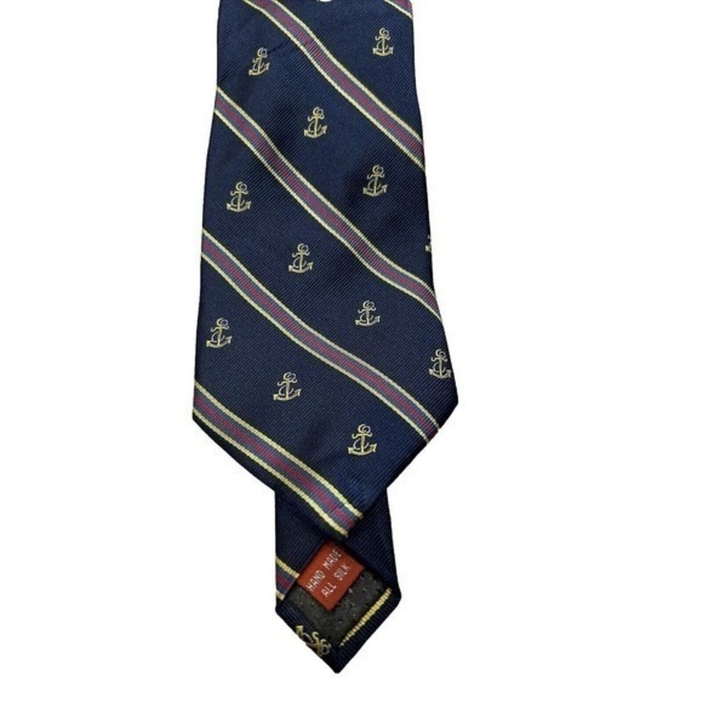 Museum Artifacts Men's 100%‎ Silk Necktie Blue Anchor Stripe Print Handmade